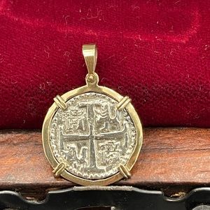 Atocha shipwreck treasure Mel fisher silver coin pendant in 14k gold bezel